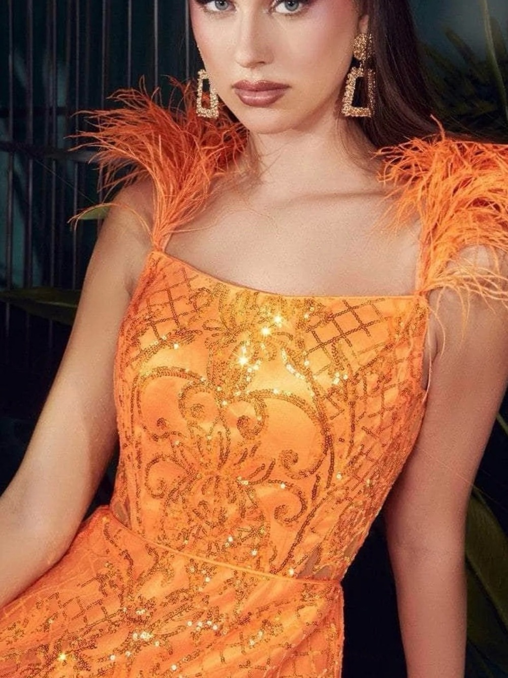 Elegant Orange Sequin Feather-Shoulder Dress